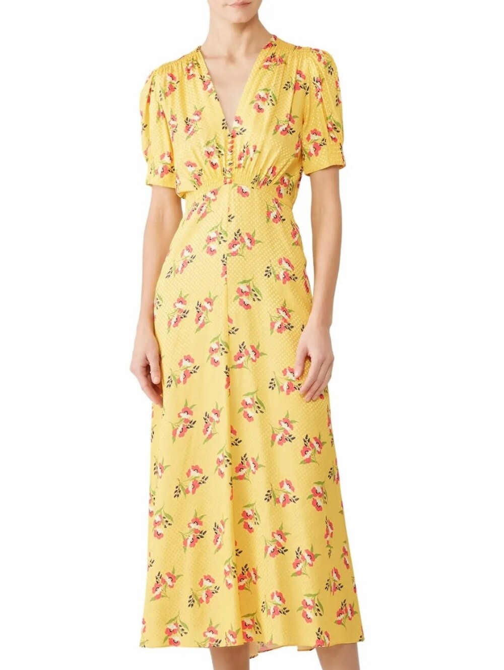 Jill Jill Stuart Yellow Floral V-Neck Midi Dress